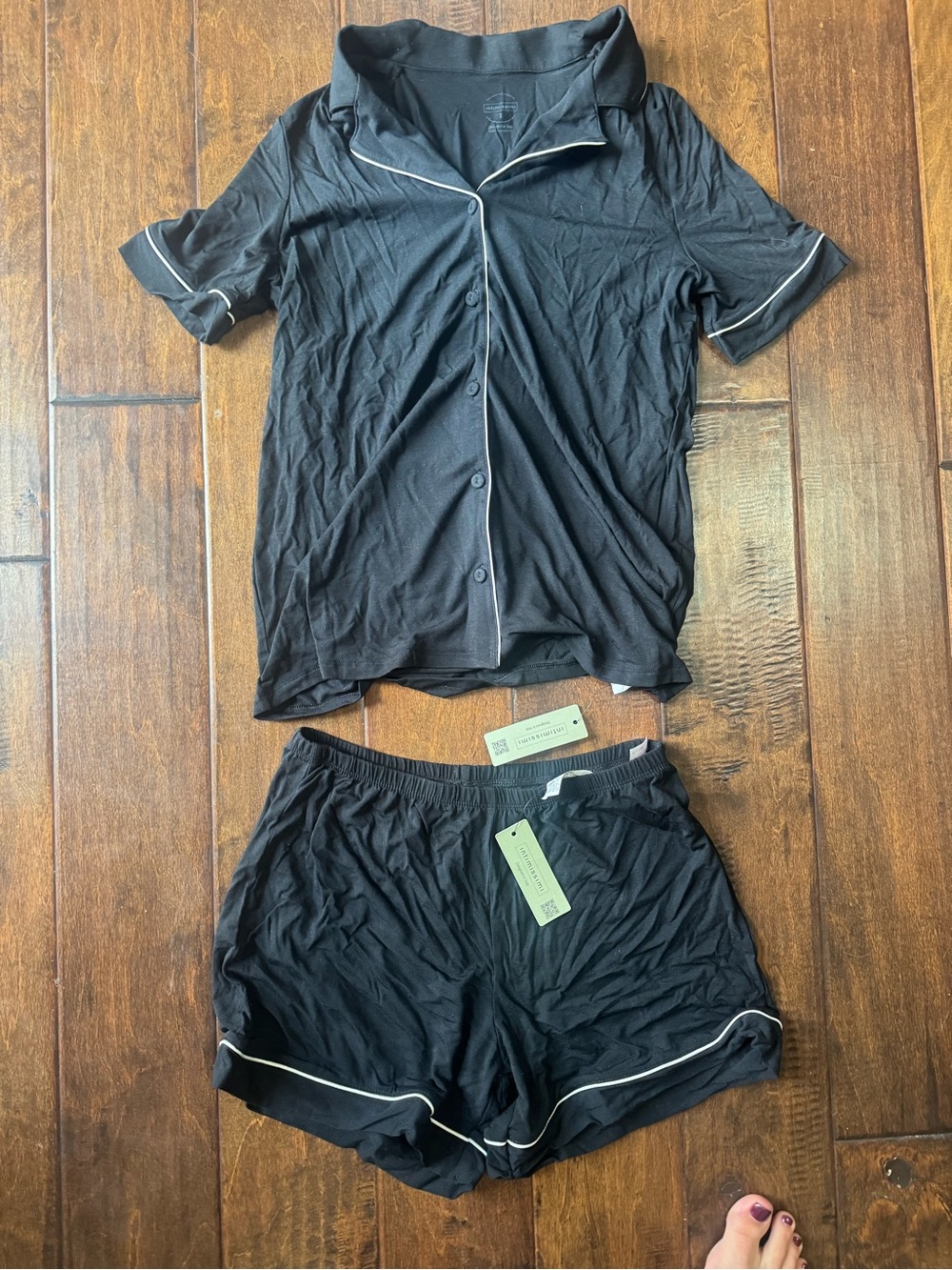 intimissimi Black Short Sleeve Button Pajama Set with Cream Piping